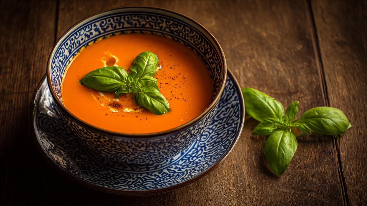 Krémová rajčatová polévka s bazalkou, cibulí a voňavým česnekem