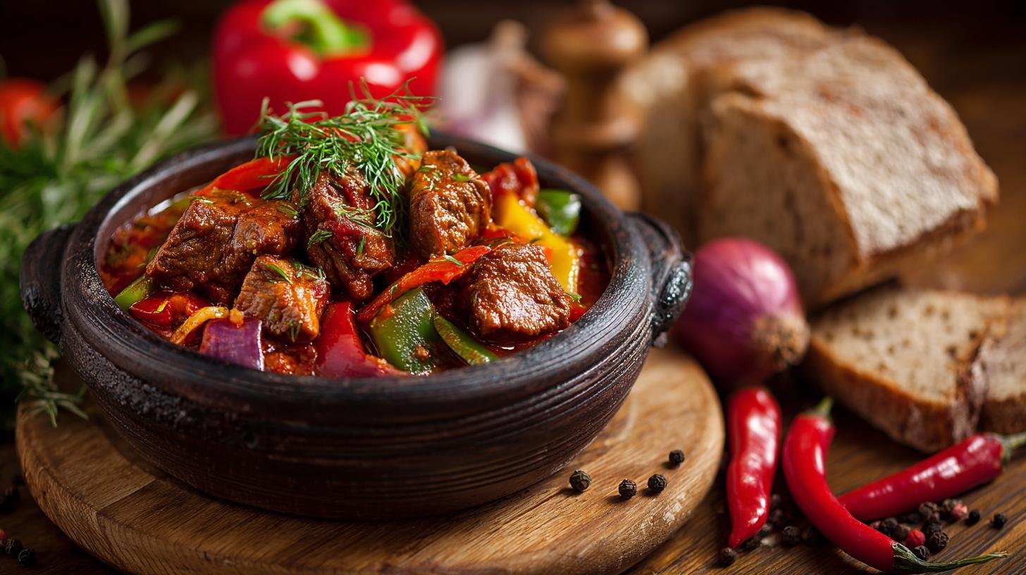 Guláš z hovězího masa s cibulí, paprikou a chlebem. Ingredience a praktické tipy