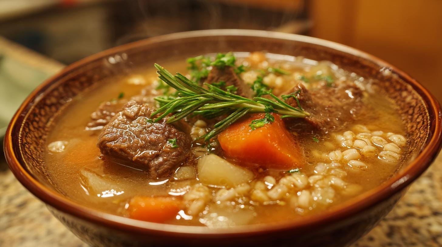 Hustá hovězí polévka: hovězí vývar, kroupy a kořenová zelenina