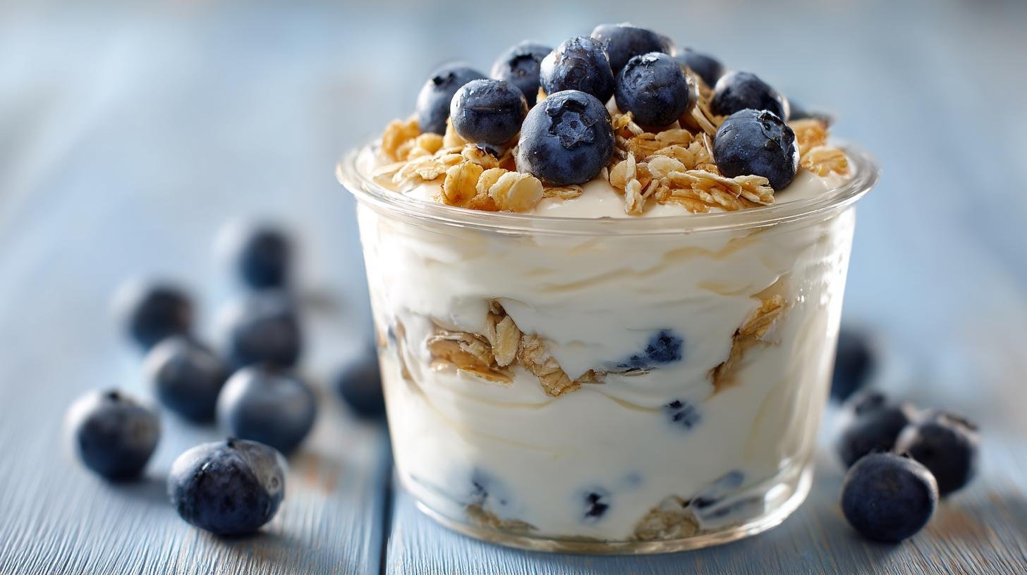 Jogurtový pohár: řecký jogurt, müsli a borůvky