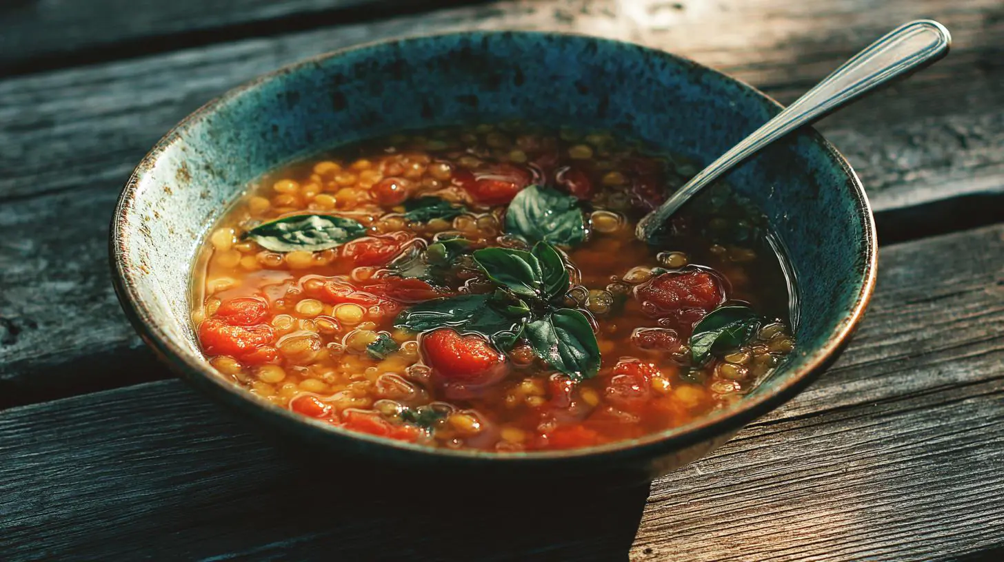 Jednoduchá polévka z čočky, rajčat a cibule pro každý den