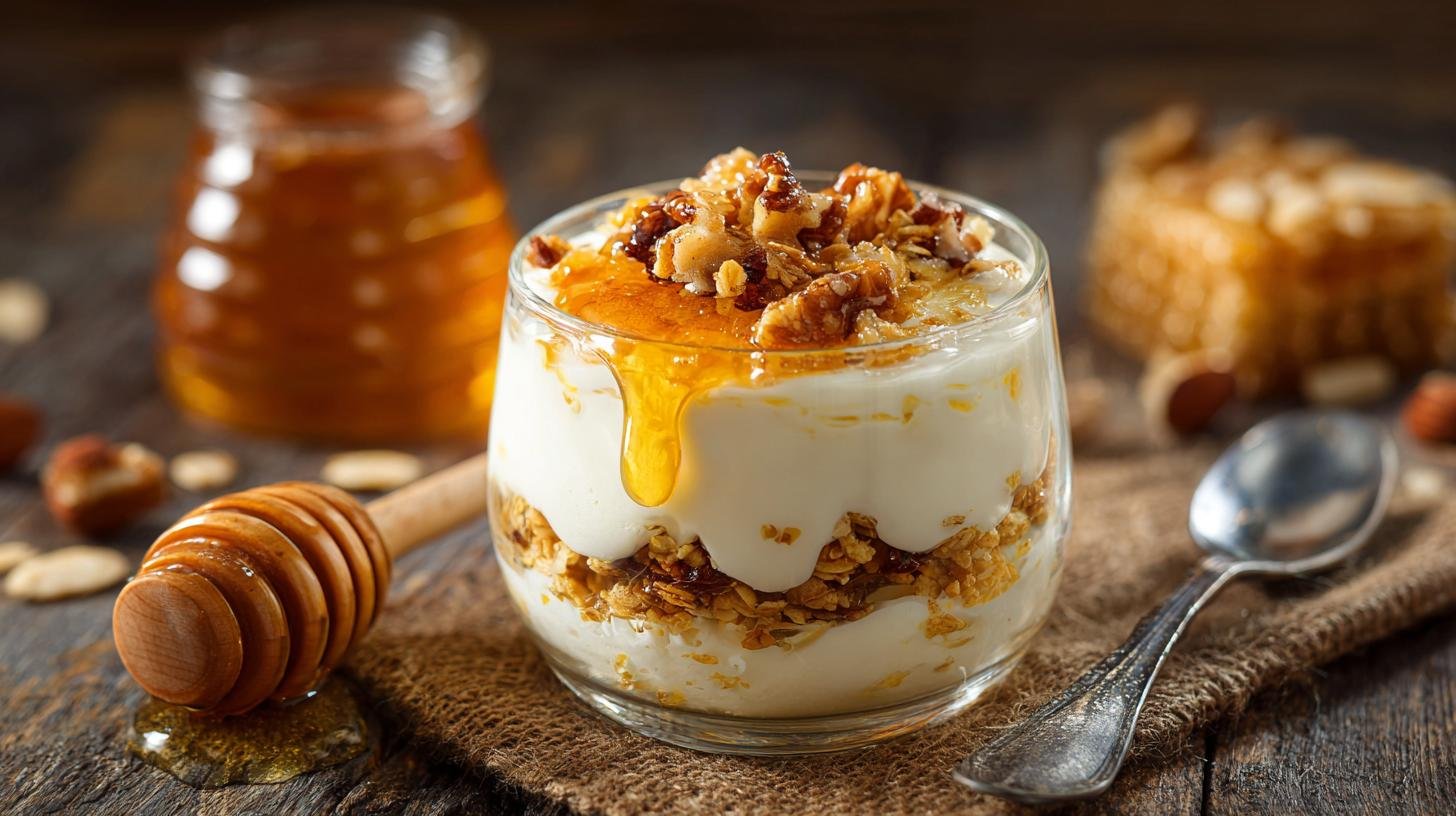 Proteinový pohár: řecký jogurt, med, ořechy a granola