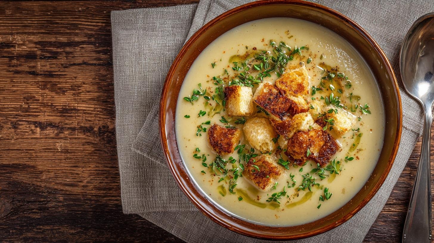 Hřejivá česneková polévka s bramborami, majoránkou a křupavými krutony. Co budete potřebovat