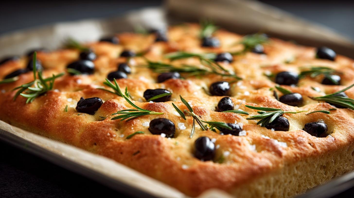 Focaccia s olivami, rozmarýnem a mořskou solí na plechu. Jak na to: přehledný postup