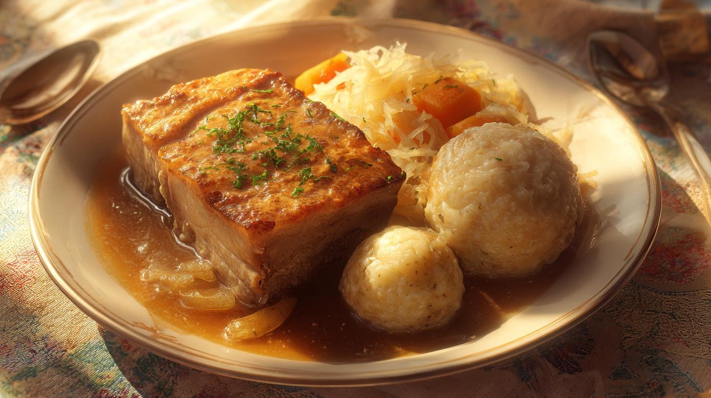 Vepřová pečeně s kysaným zelím, bramborovým knedlíkem a šťávou 2 Vepřová pečeně s kysaným zelím, bramborovým knedlíkem a šťávou