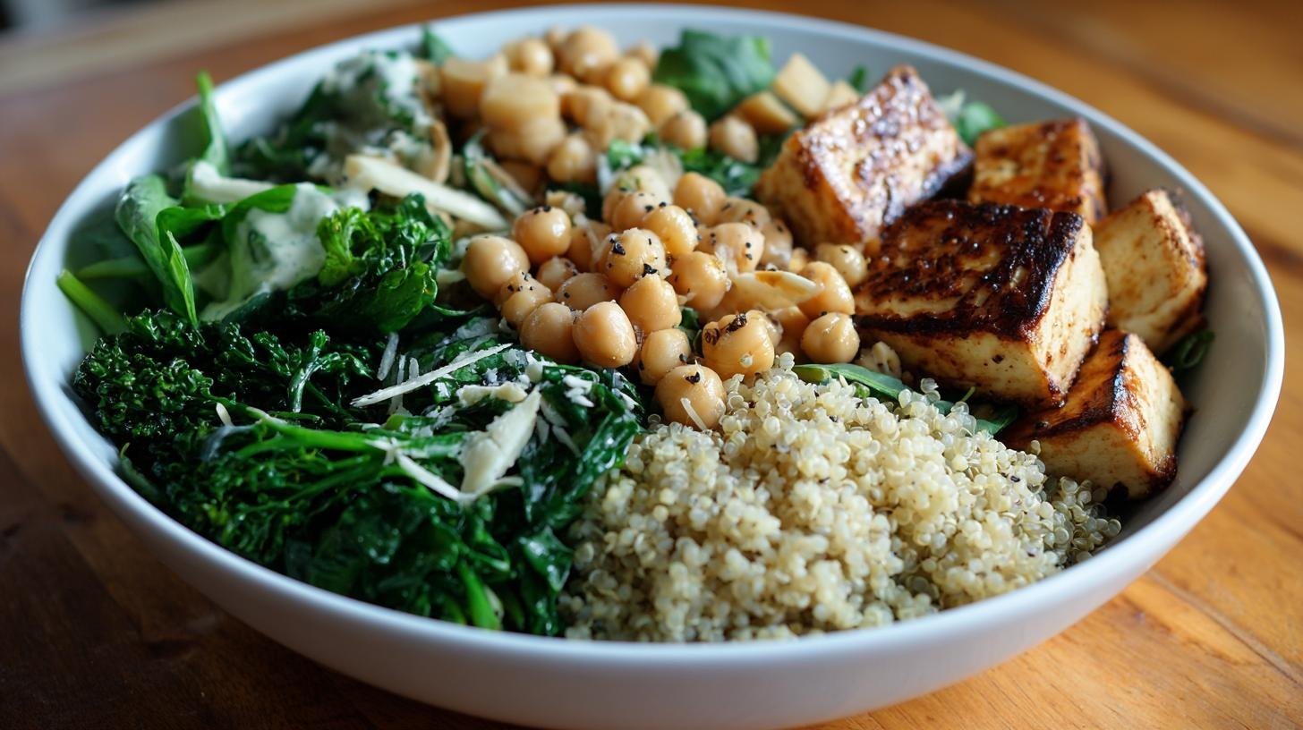 Proteinová miska: tofu, cizrna, quinoa a zelené listy. Chytré tipy: šetřete čas i peníze