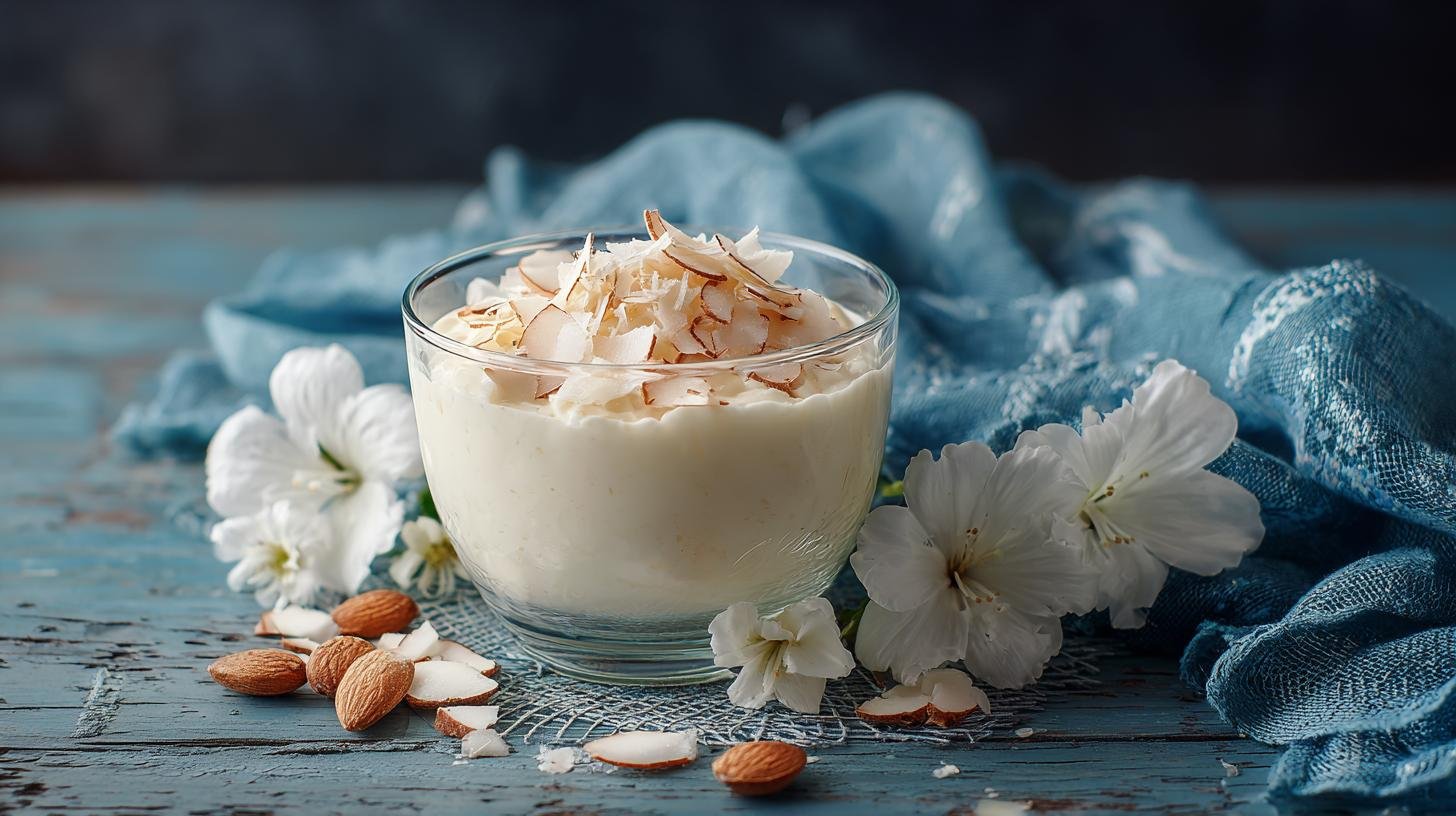 Bezlaktózový dezert s mandlovým mlékem a kokosovými hoblinami. Proč ho vyzkoušet