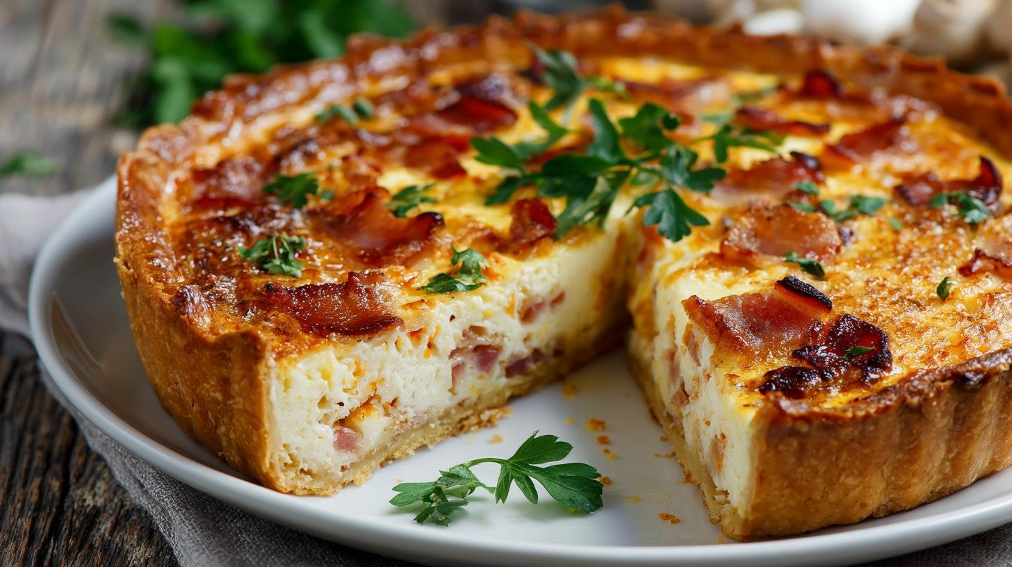 Slaný koláč quiche se slaninou, sýrem a vejcem — recept. Servírování a skladování
