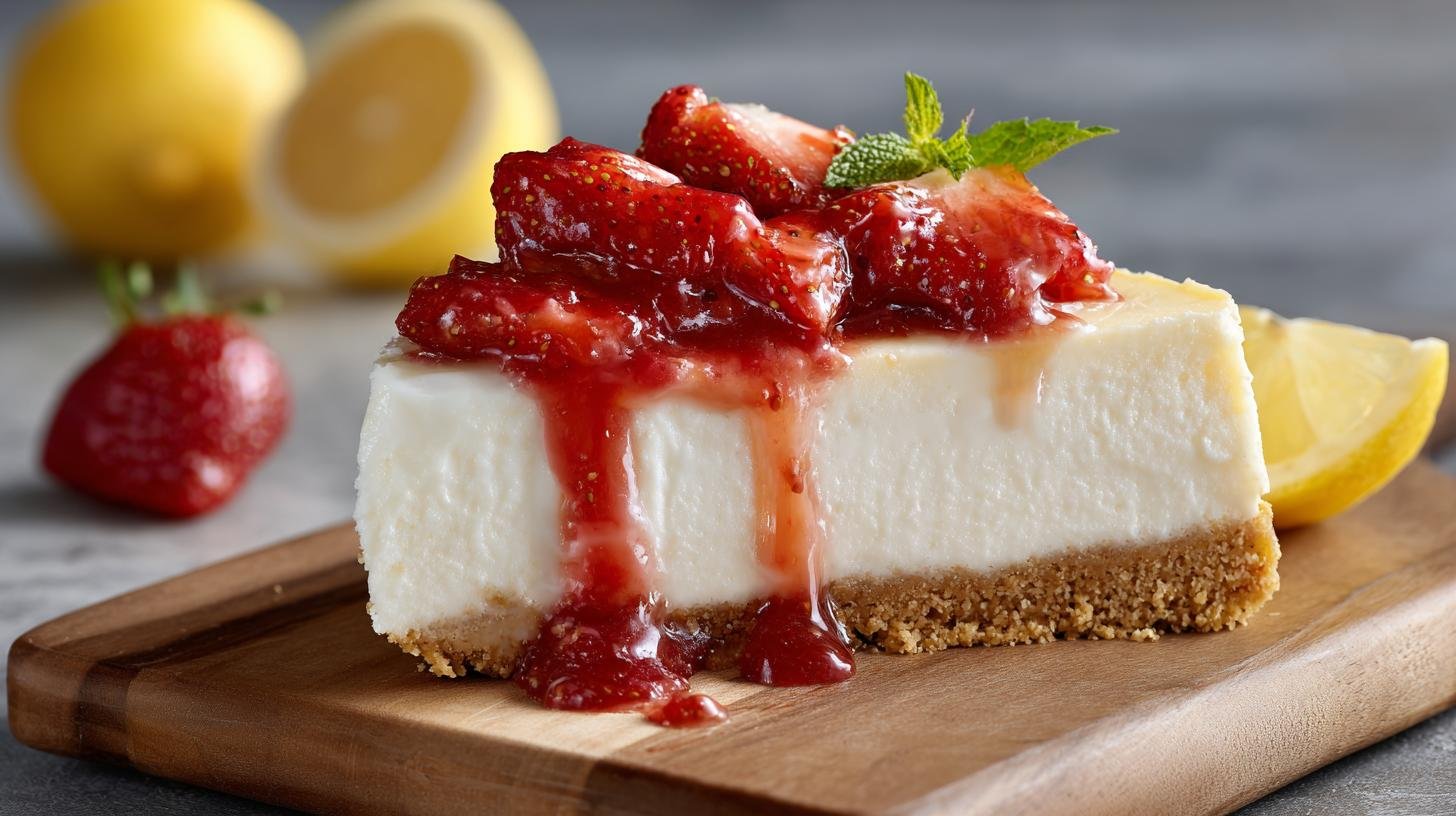 Krémový cheesecake s tvarohem, citronem a jahodovým přelivem