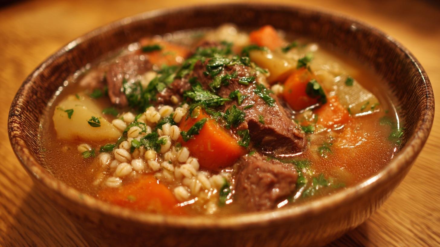 Hustá hovězí polévka: hovězí vývar, kroupy a kořenová zelenina. Časy vaření (orientačně) Hustá hovězí polévka: hovězí vývar, kroupy a kořenová zelenina. Časy vaření (orientačně)