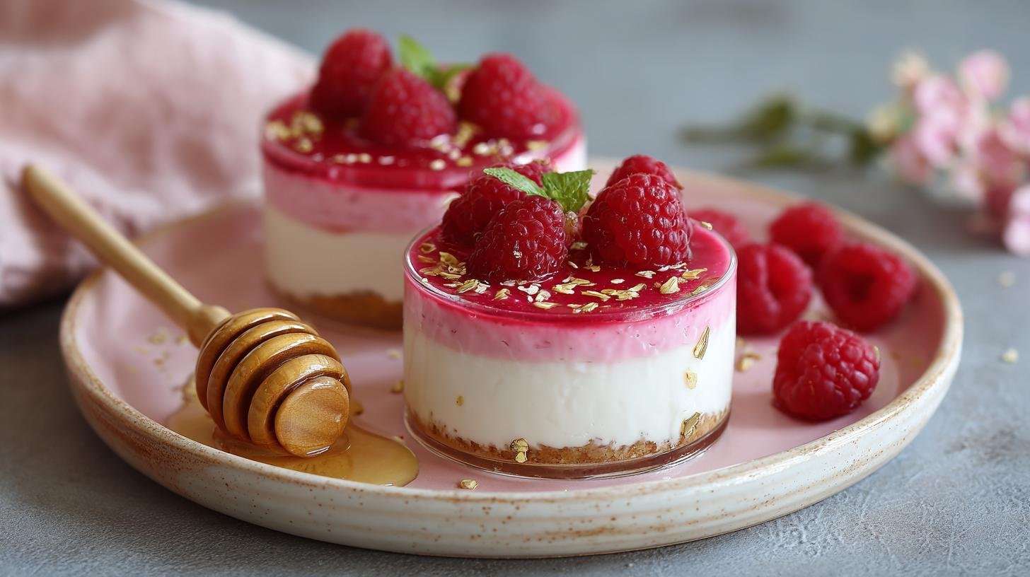 Malinový pohár s medem a tvarohem bez pečení pro lehký dezert. Postup krok za krokem