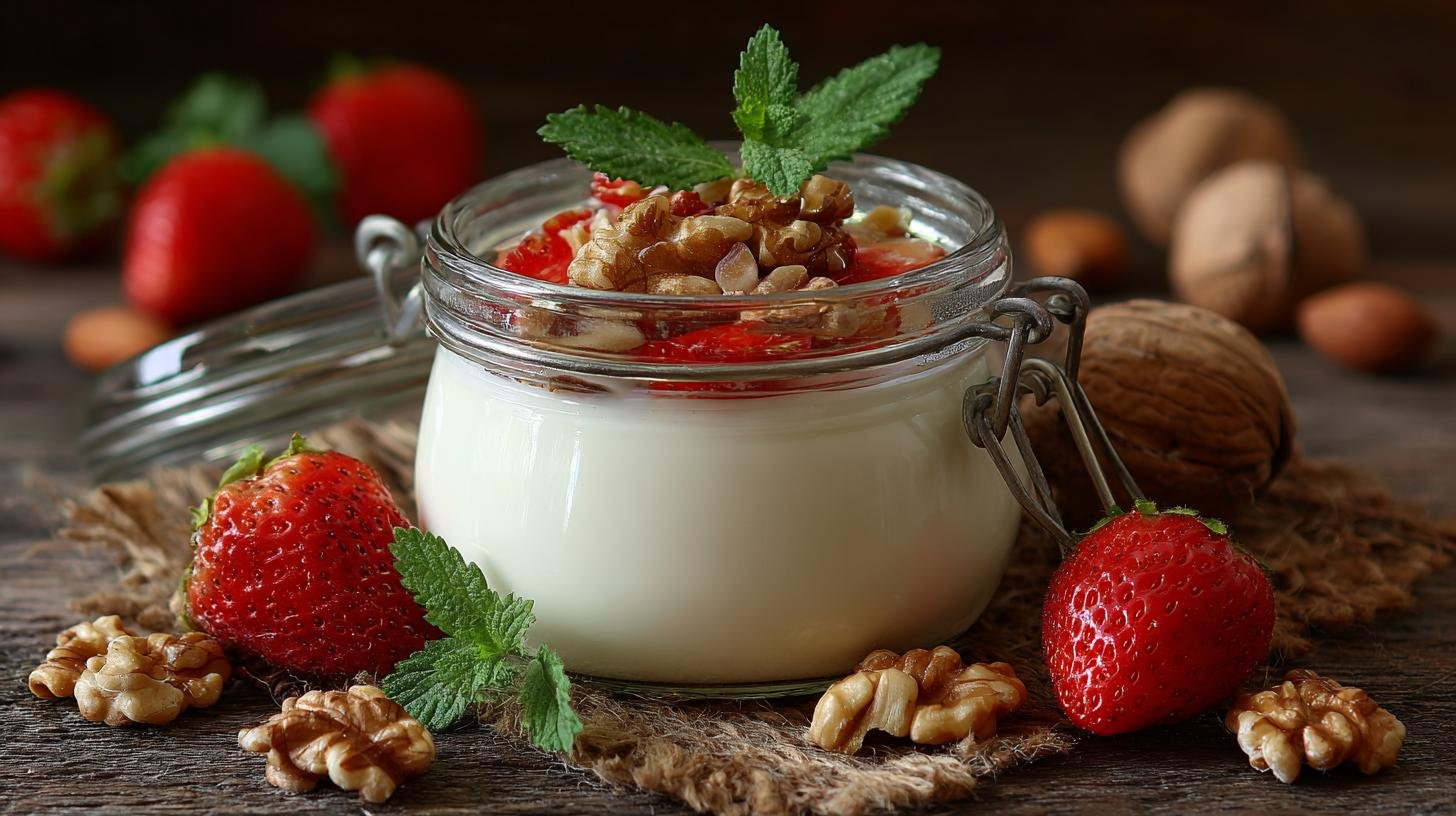 Bez cukru: domácí jogurt s ořechy a čerstvými jahodami. Servírování a skladování