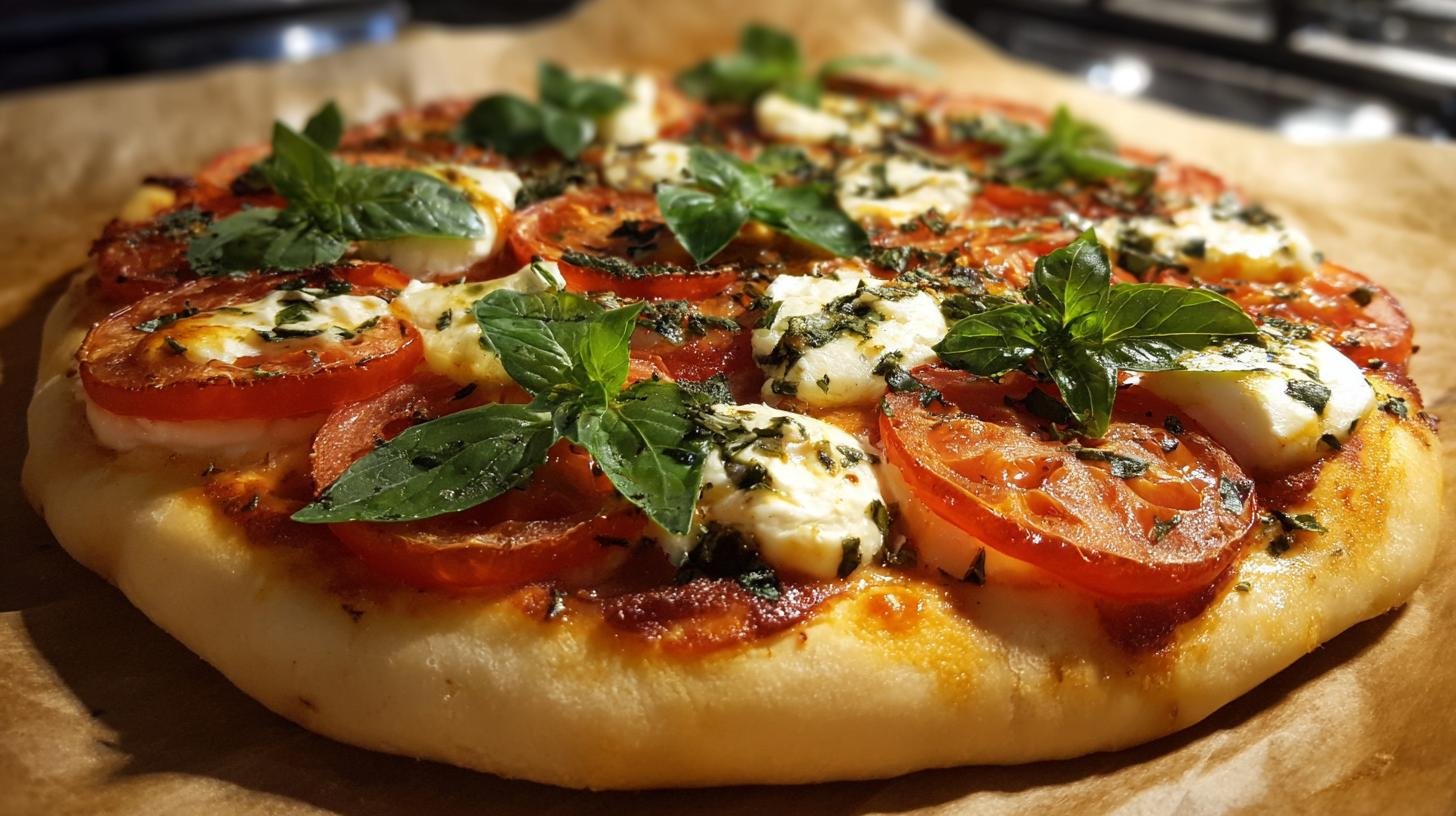 Pizza z domácího těsta s rajčaty, mozzarellou a bazalkou