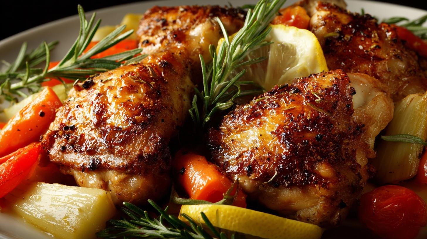 Křupavá kuřecí stehýnka s citronem, rozmarýnem a jemnou zeleninou. Ingredience a poměr pro 4 porce