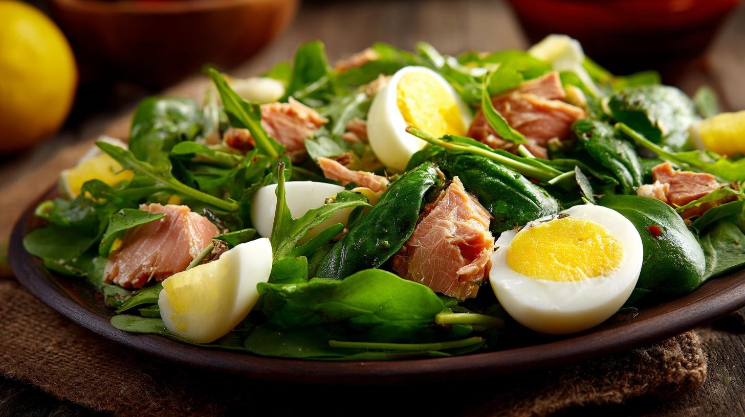 Salát na hubnutí: rukola, tuňák, vařené vejce a citron
