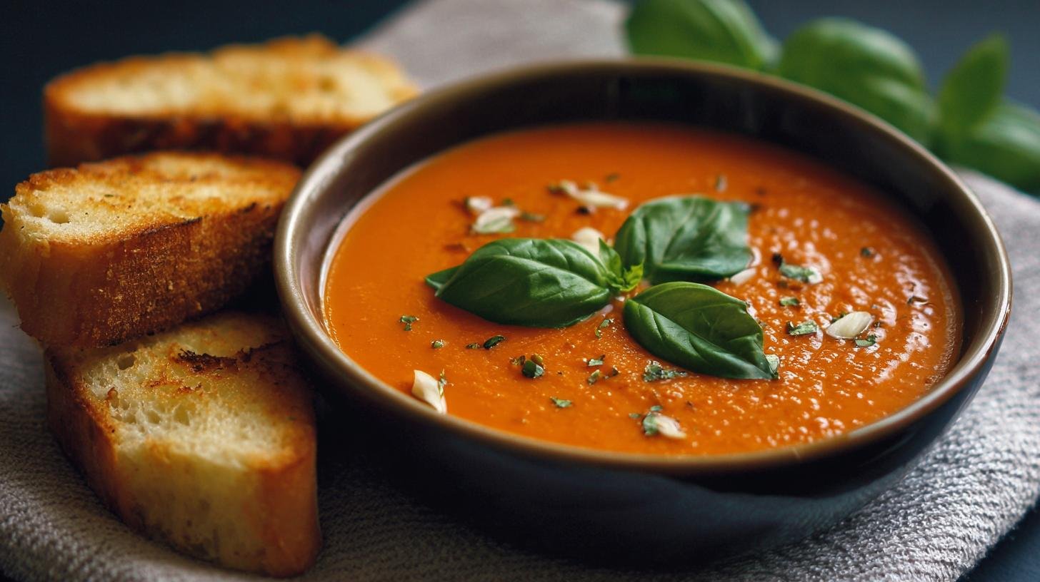 Krémová rajčatová polévka s bazalkou, cibulí a voňavým česnekem. Postup krok za krokem