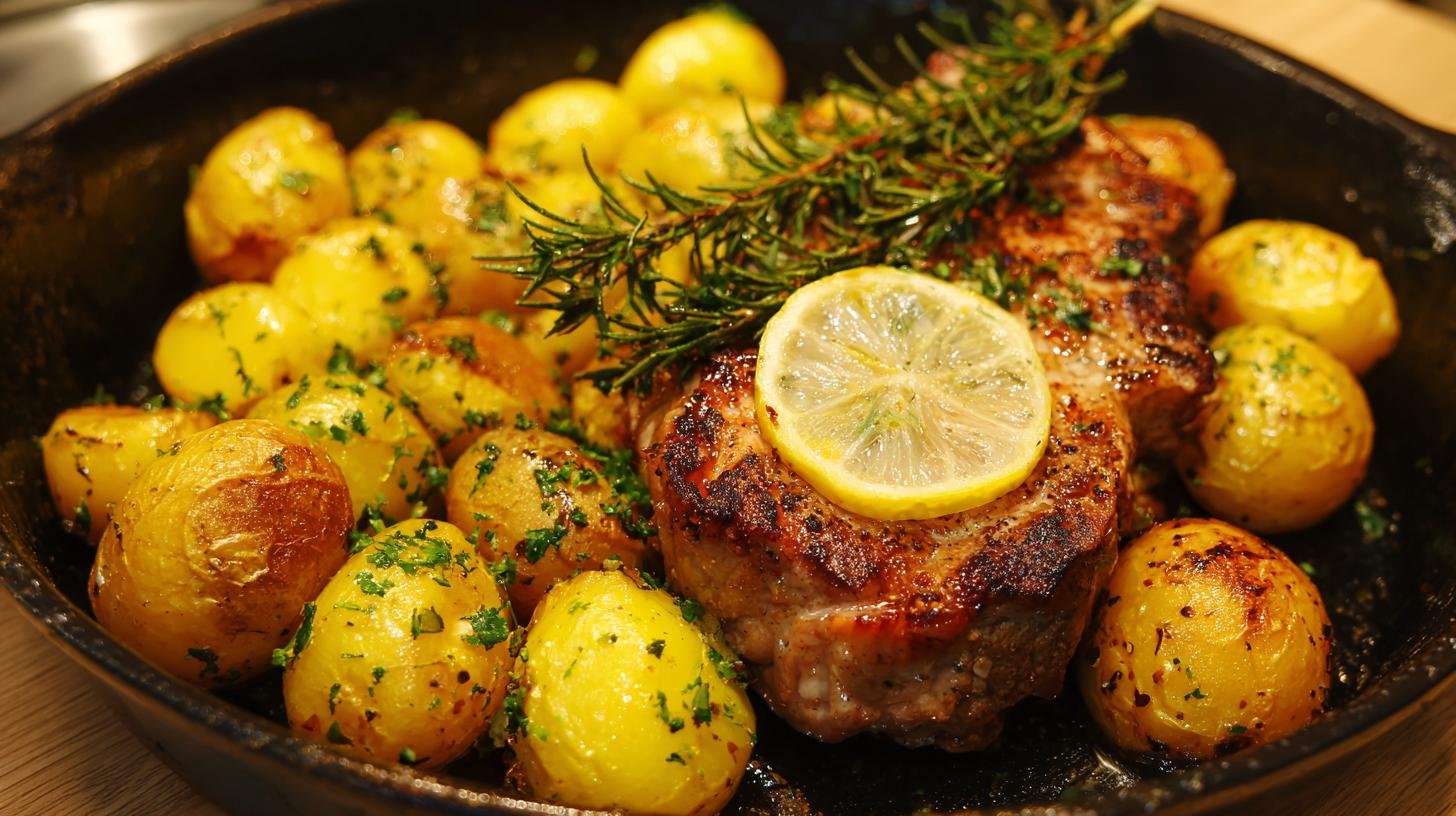 Rychlý steak z vepřového masa s pečenými bramborami. Co připravit — ingredience na okamžité vaření