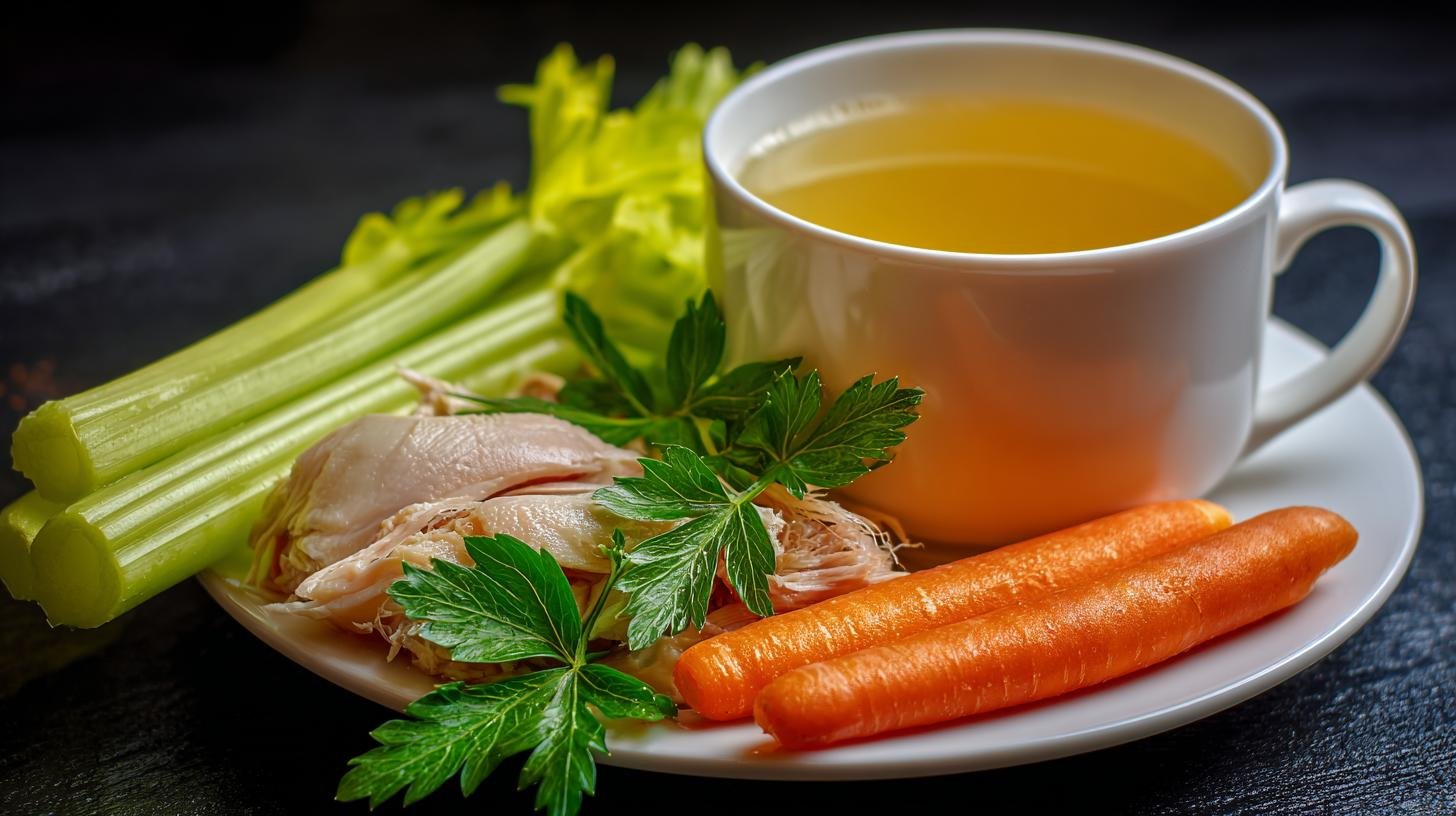Kuřecí vývar z kosti: kuře, celer a mrkev pro lék na nachlazení. Co vývar dává tělu