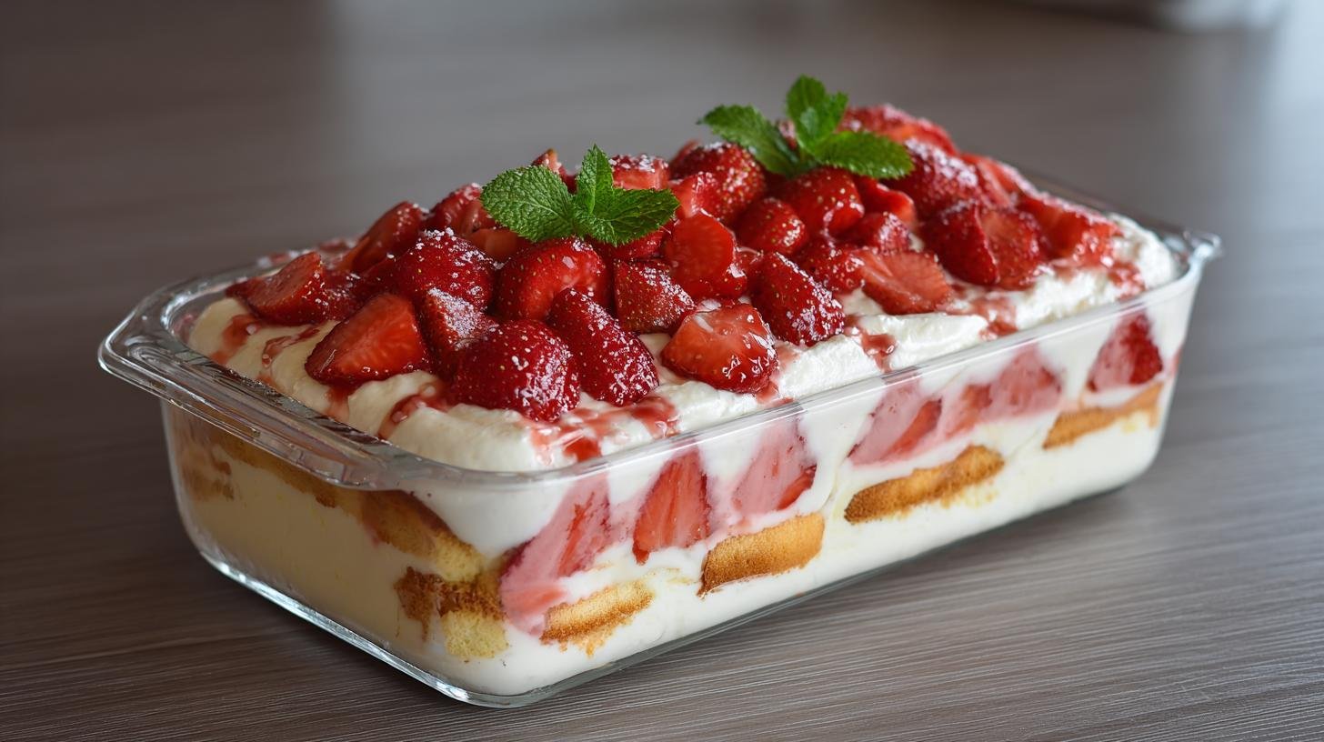 Lehké ovocné tiramisu: jahody, tvaroh a piškoty bez alkoholu. Postup krok za krokem