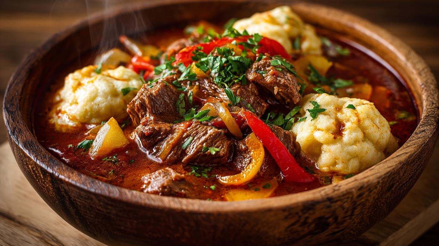 Silný hovězí guláš s cibulí, paprikou a domácími knedlíky. Ingredience a rychlý přehled