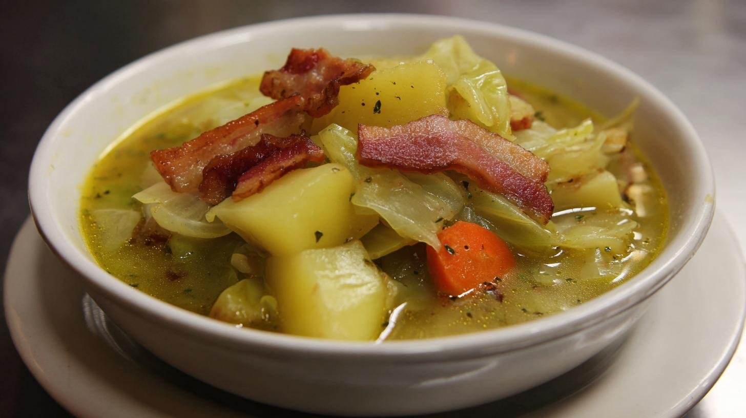Kapustová polévka s bramborami, česnekem a slaninovou chutí