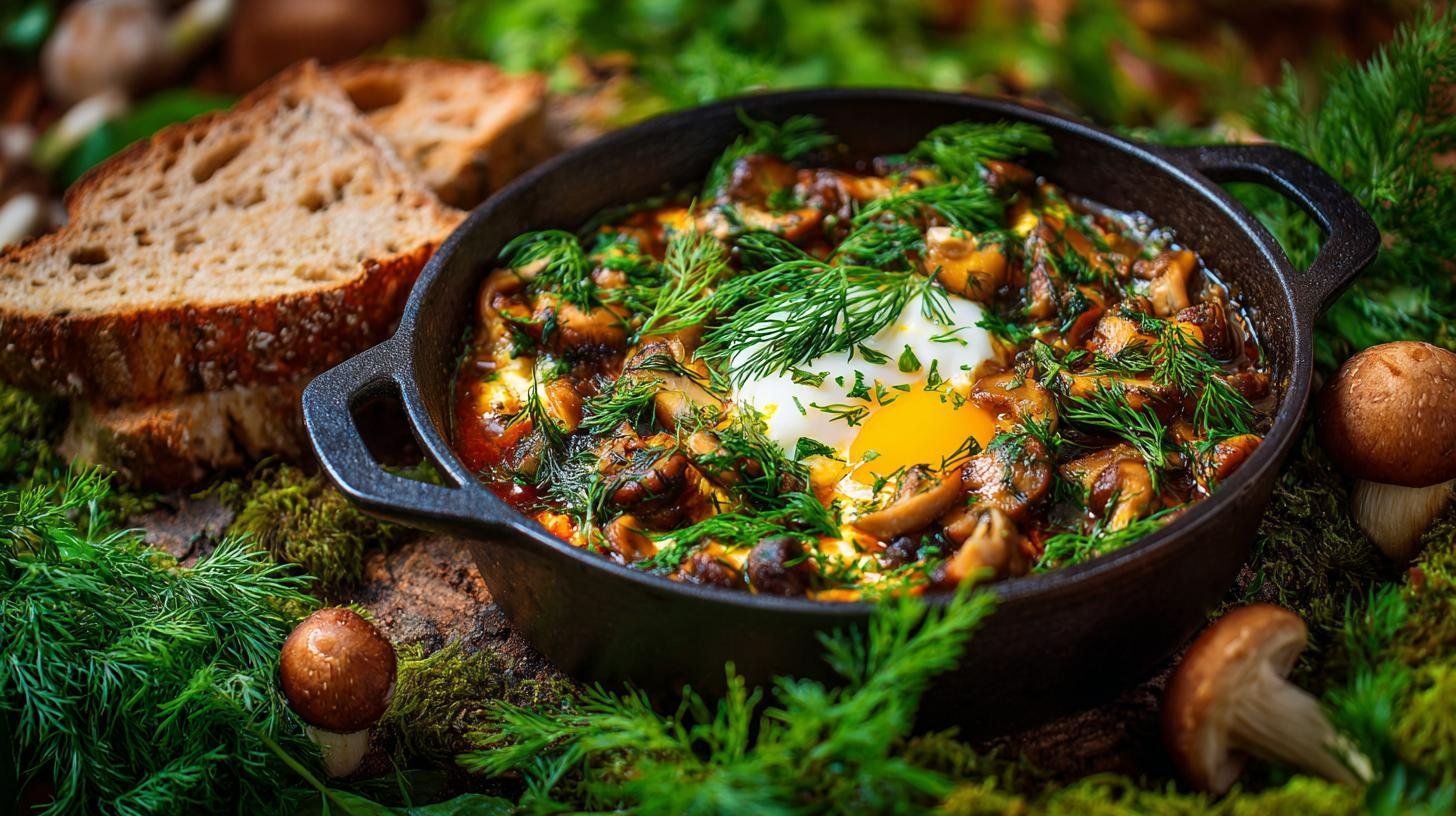 Kulajda s houbami, vejcem a čerstvým koprem