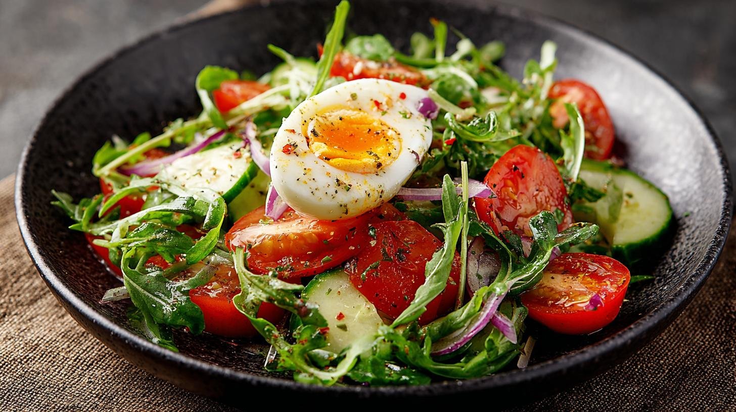 Křupavý rukolový salát s rajčaty, okurkou a vařeným vejcem. Servírování, variace a úspora
