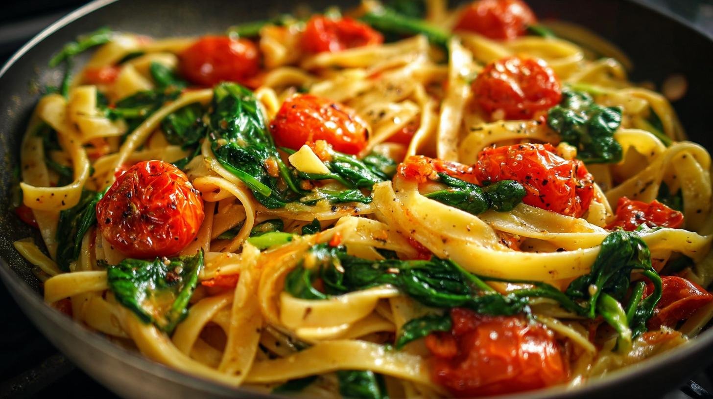 Jednoduché těstoviny s rajčaty a špenátem, když nestíháte