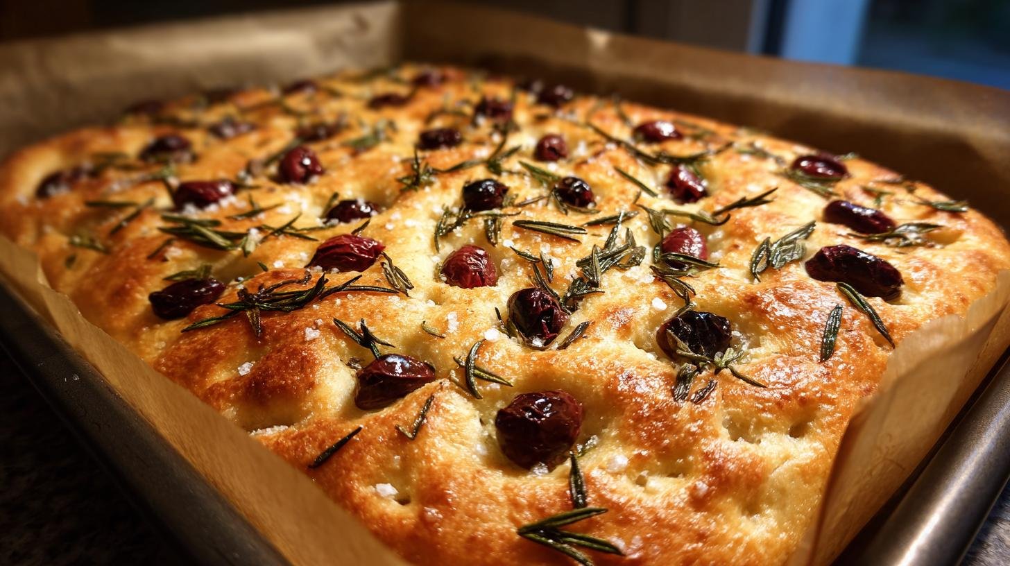 Focaccia s olivami, rozmarýnem a mořskou solí na plechu