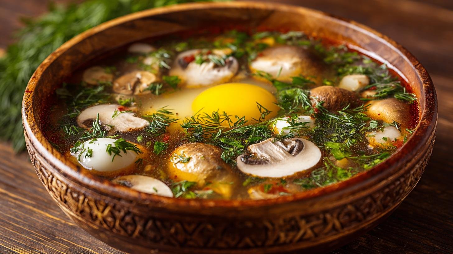 Kulajda s houbami, vejcem a čerstvým koprem. Servírování a jednoduché variace