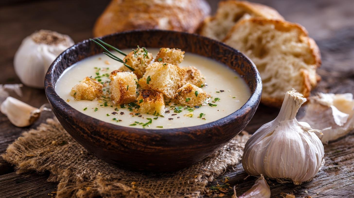 Česneková polévka s krutony: česnek, sýr, bageta pro nachlazení