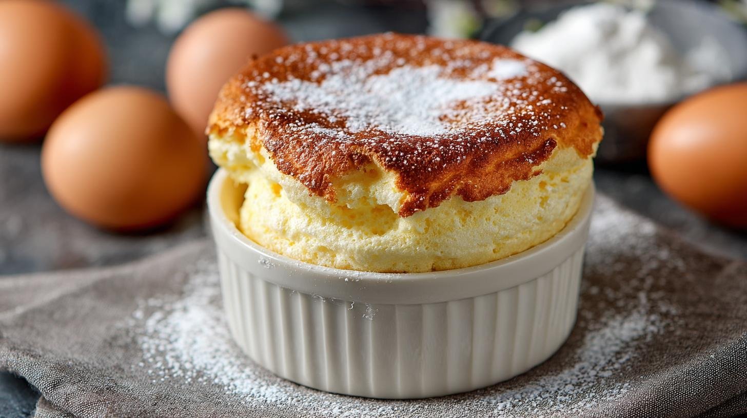 Křehké suflé s bílou čokoládou, vejci a vanilkou v troubě