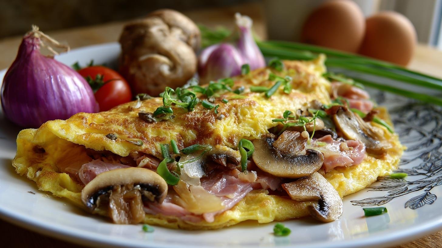 Omeleta s houbami, šunkou a cibulkou pro ranní energii. Úspora času a peněženky