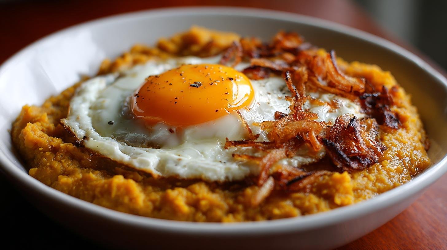 Čočková kaše s vejcem, octem a smaženou cibulkou