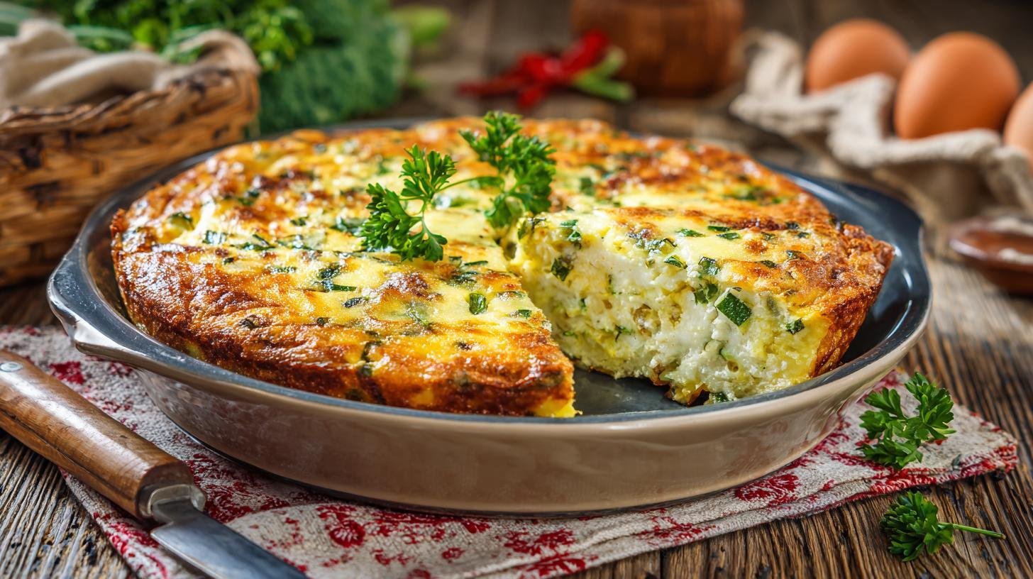 Slaný koláč bez mouky: sýr, vejce a zelenina v jedné formě. Ingredience a rychlý postup