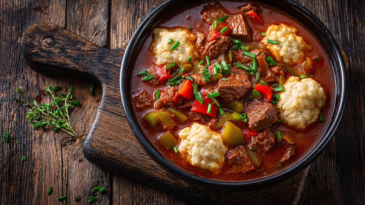 Silný hovězí guláš s cibulí, paprikou a domácími knedlíky. Servírování a skladování