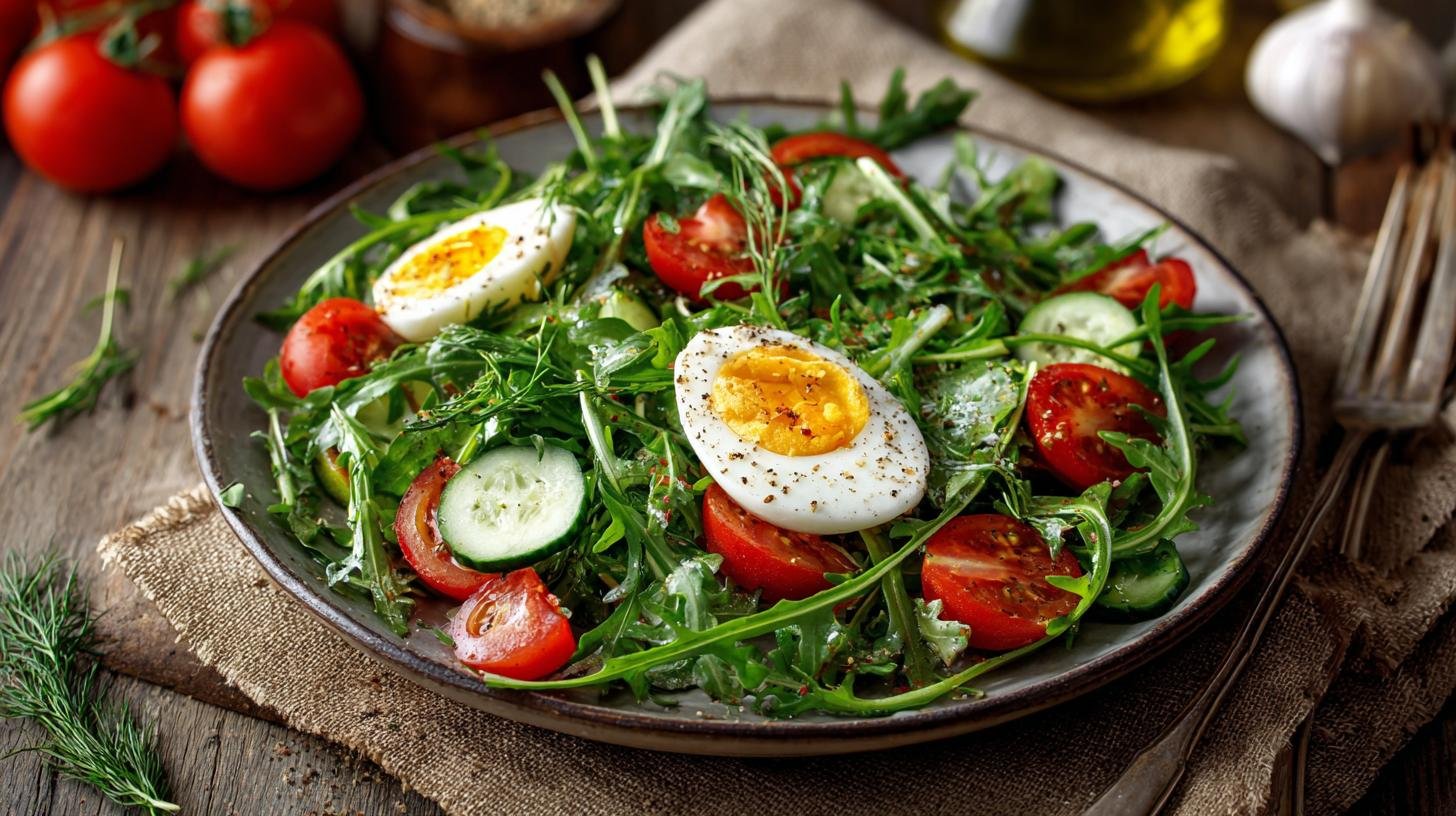 Křupavý rukolový salát s rajčaty, okurkou a vařeným vejcem
