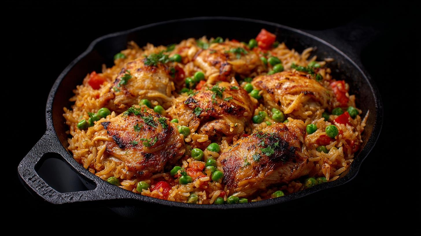 Rychlá pánev: kuřecí maso, rýže a hrášek v jedné porci. Postup krok za krokem