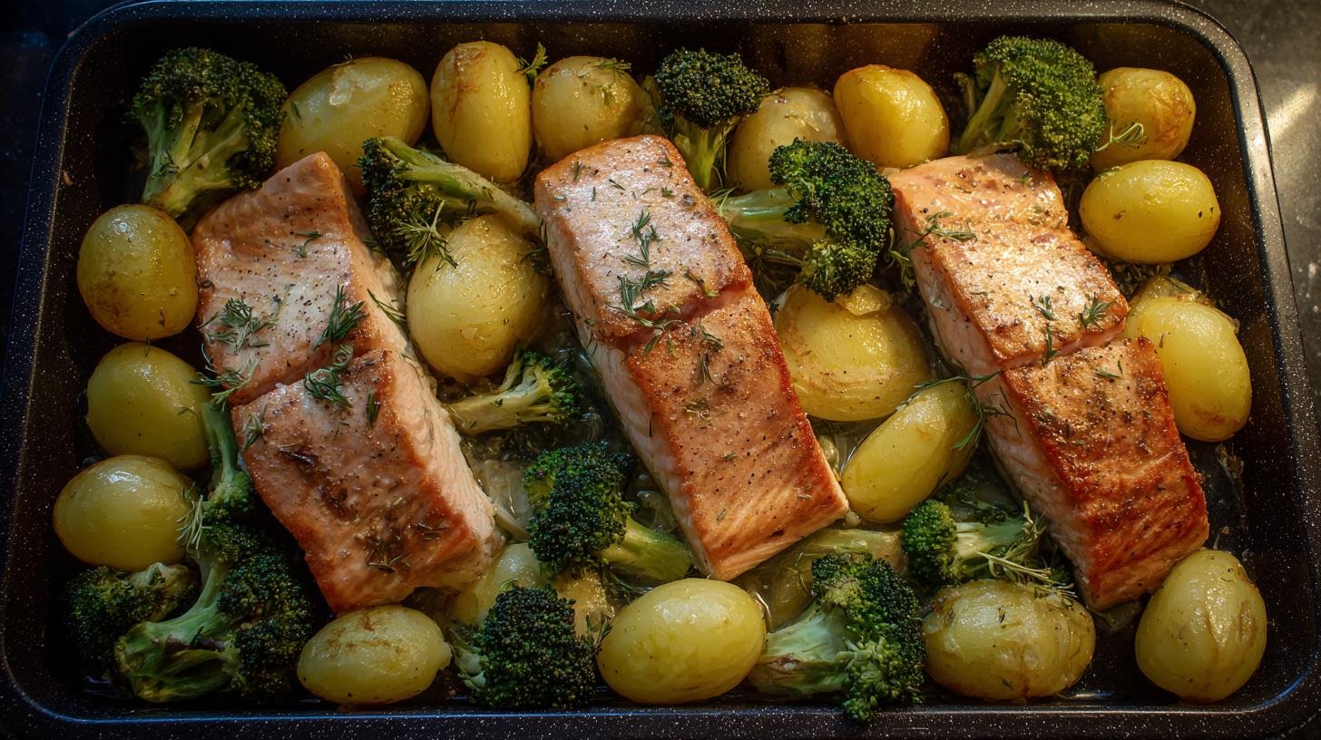 minutový oběd: losos, brambory a brokolice na pánvi. Co potřebujete