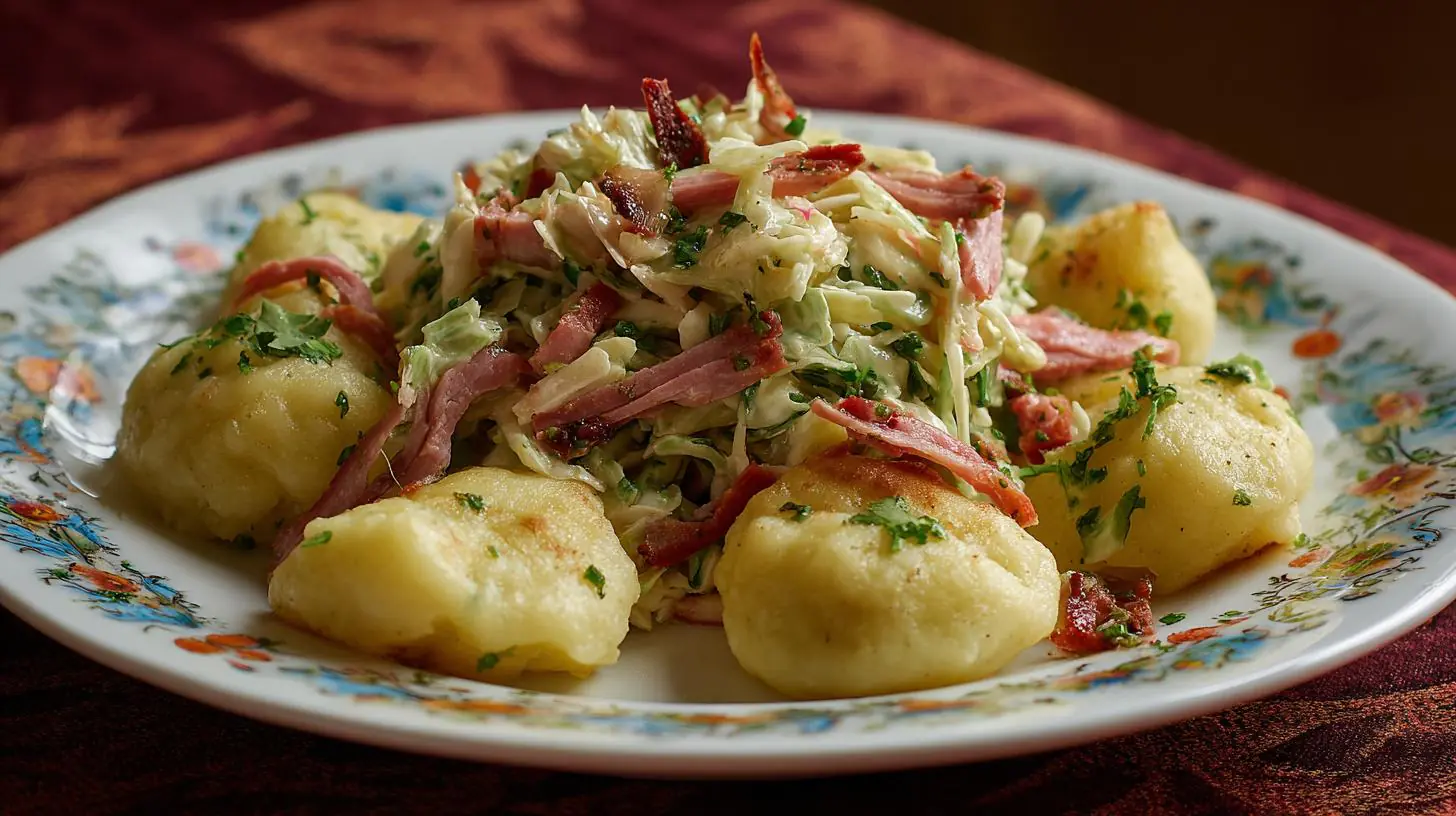 Bramborové knedlíky s uzeným masem a zelným salátem