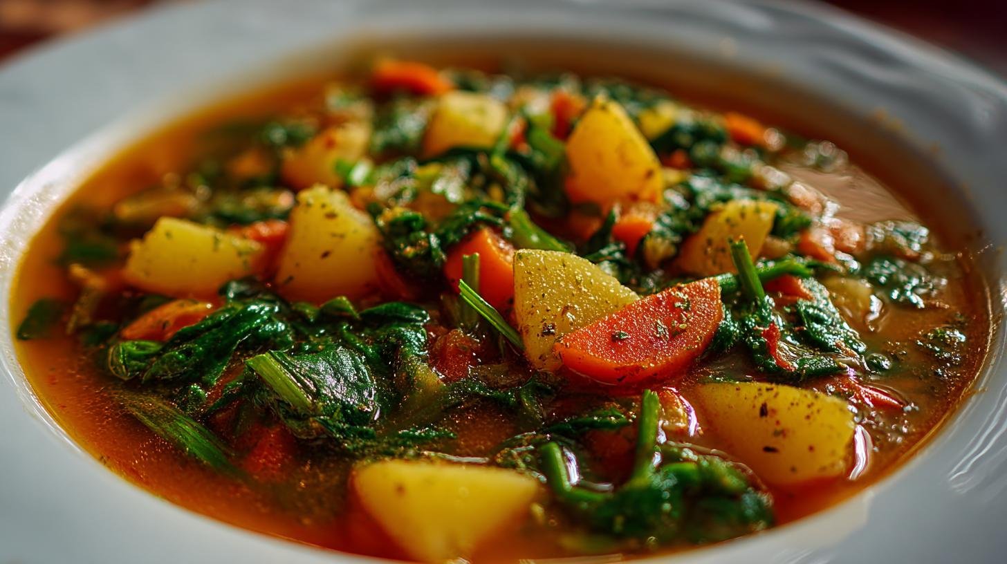 Rychlá zeleninová polévka se špenátem a bramborami pro každý den. Suroviny a rychlý přehled času