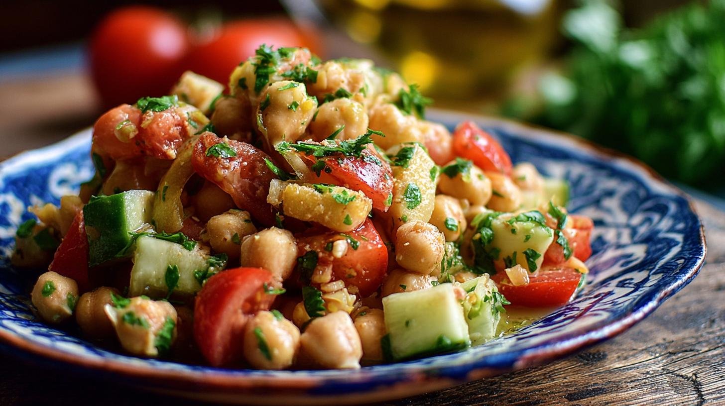 Cizrnový salát s olivovým olejem a rajčaty – bílkoviny za pár korun