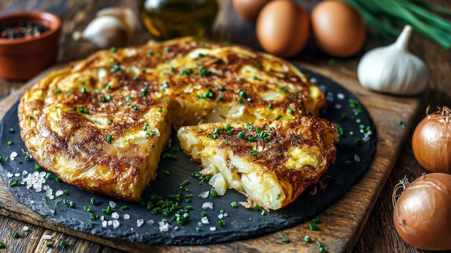 Rychlá bramborová omeleta s vejci, cibulí a sýrem. Ingredience a rychlý postup