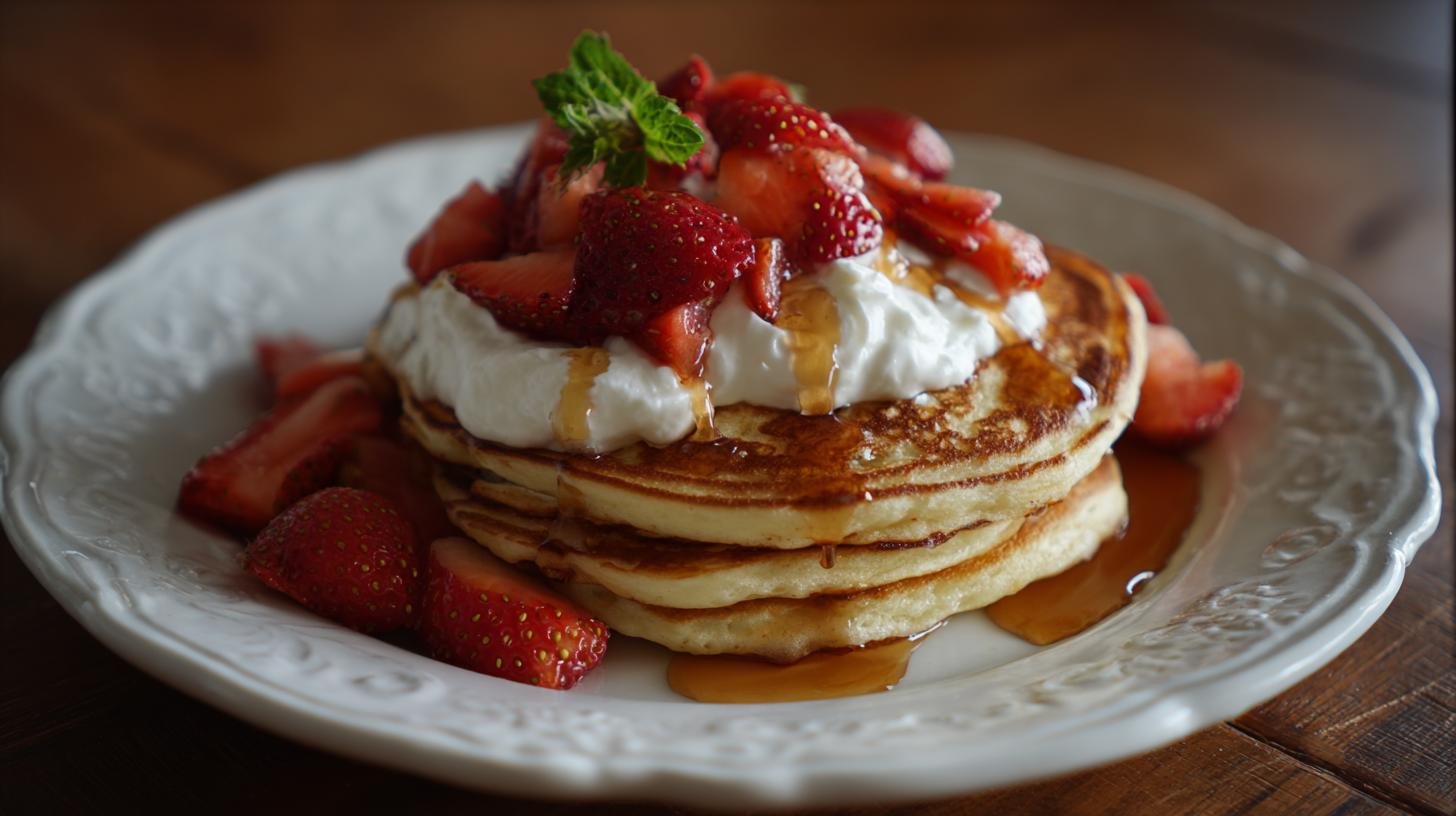 Palačinky s tvarohem, jahodami a javorovým sirupem na snídani