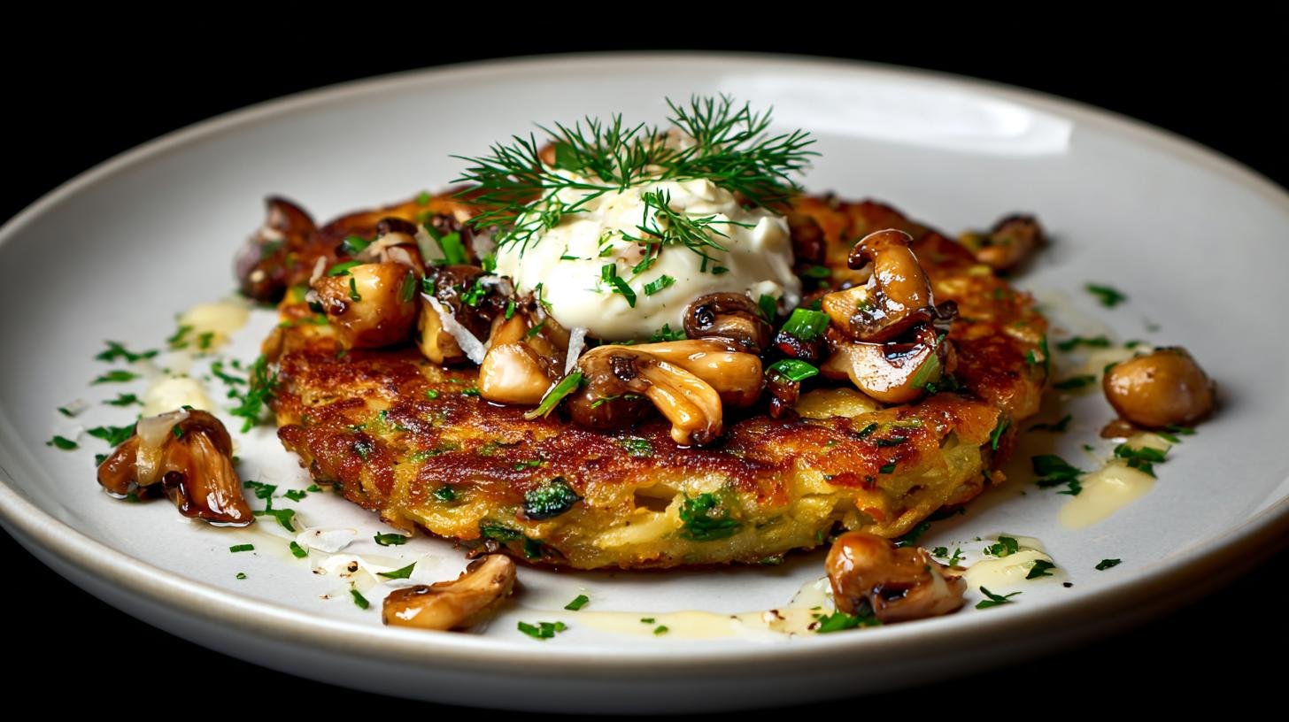 Bramborák s česnekem, majoránkou a restovaným žampiónem na pánvi