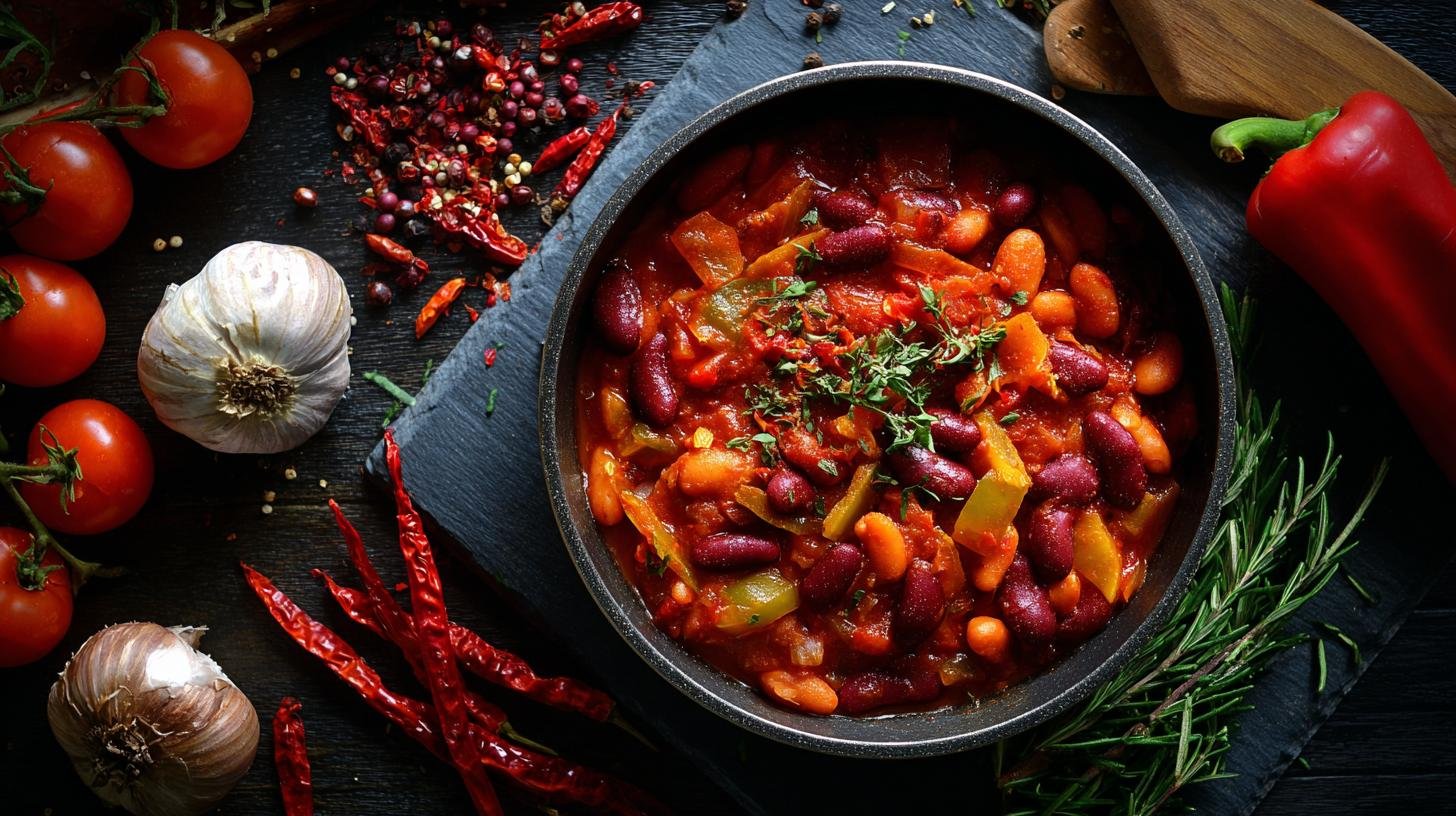 Pikantní fazolový guláš s rajčaty, paprikou a chilli. Základní suroviny a chytré úspory
