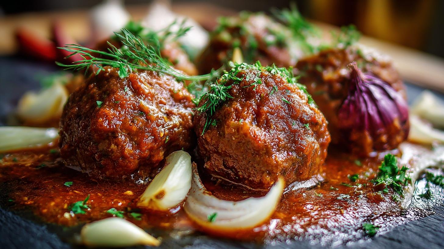 Jemné masové kuličky s cibulí, česnekem a bohatou omáčkou 3 Jemné masové kuličky s cibulí, česnekem a bohatou omáčkou