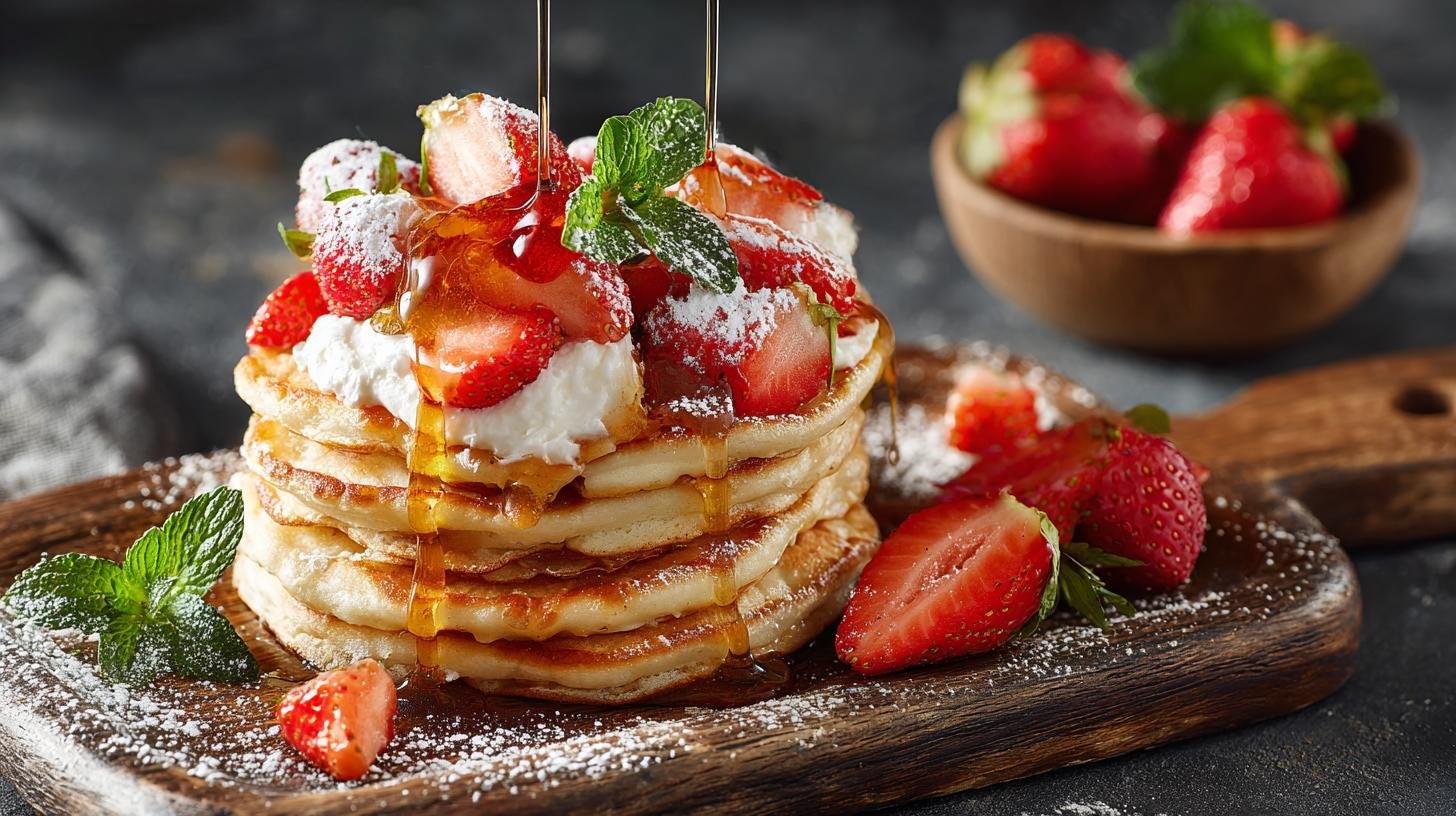 Palačinky s tvarohem, jahodami a javorovým sirupem na snídani. Ingredience a rychlý přehled