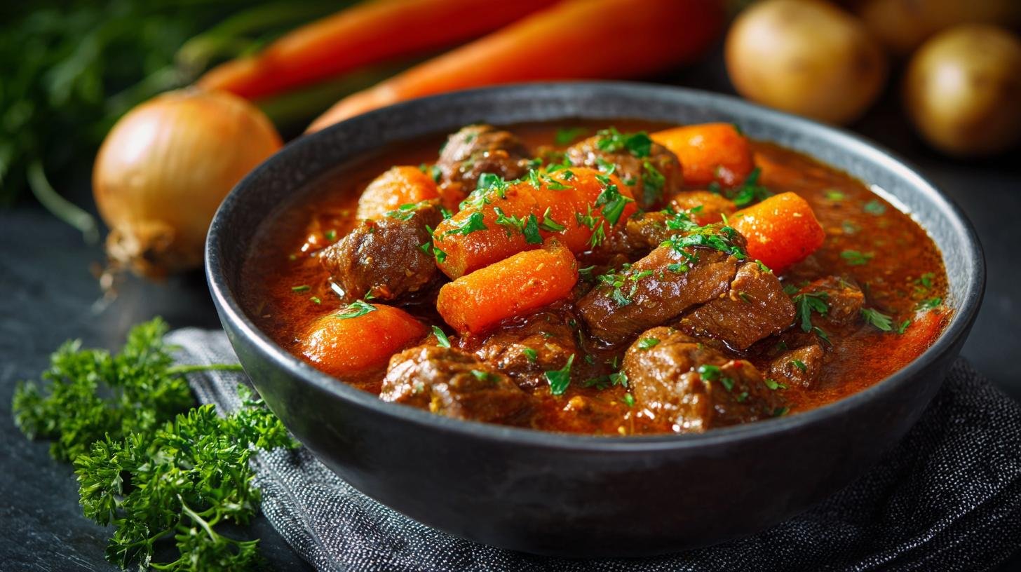 Rychlý guláš s hovězím masem a mrkví pro úsporu času. Ingredience a rychlý nákupní seznam