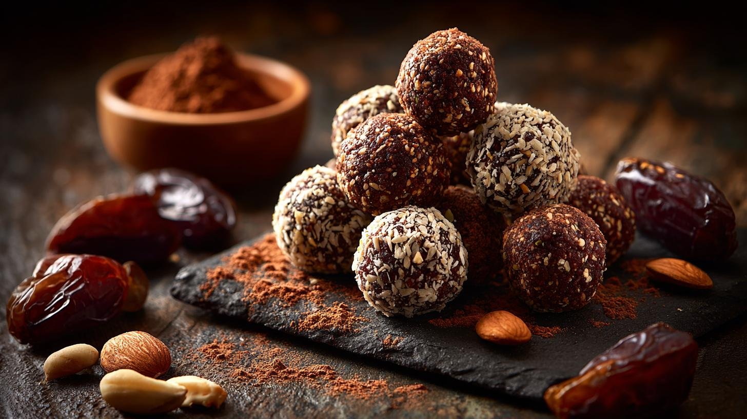 Raw energetické kuličky z datlí, ořechů a kakaového prášku. Postup krok za krokem
